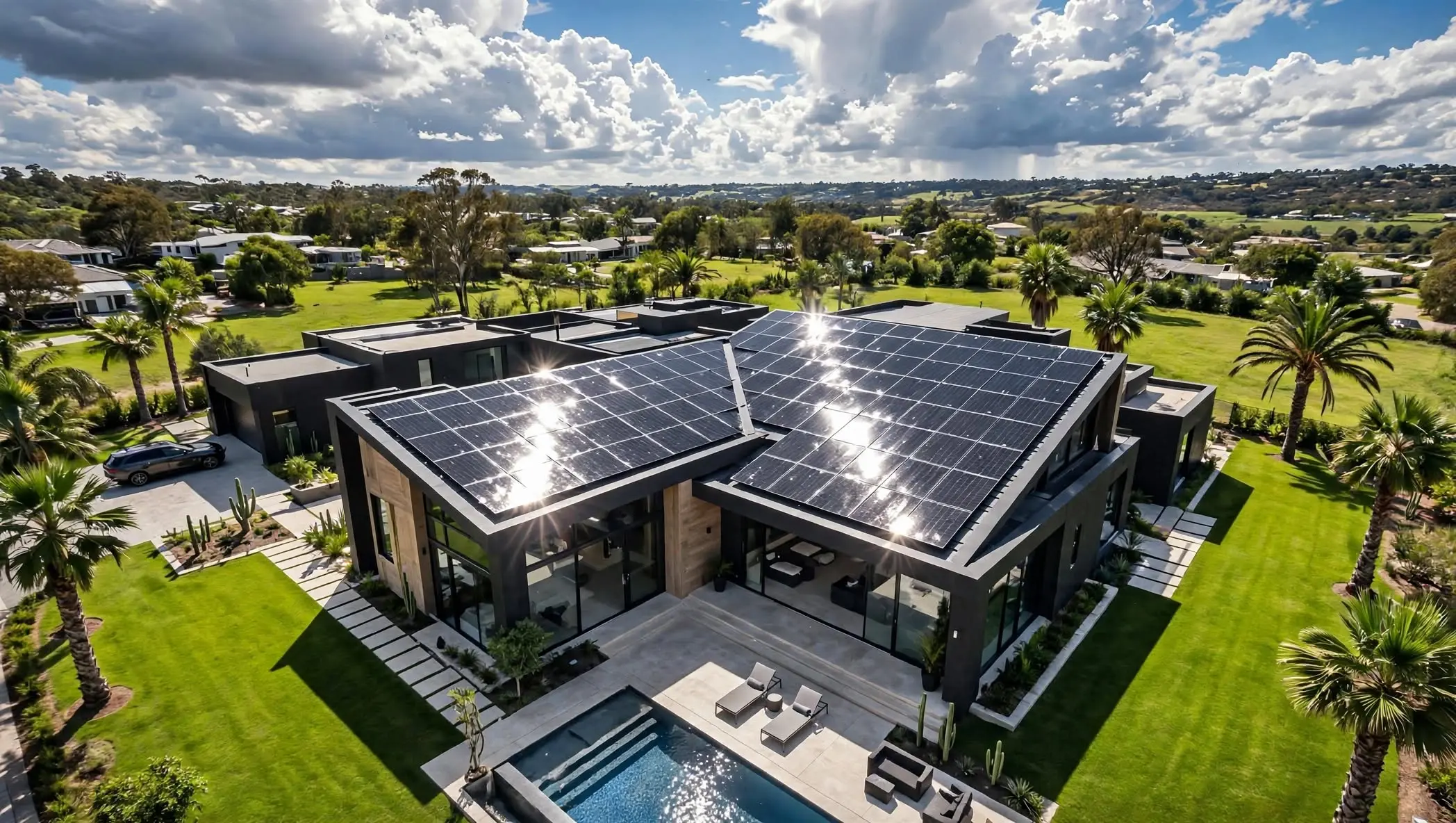 Close-up drone view of black solar panels sparkling with intense sunlight reflection on modern flat-roof house
